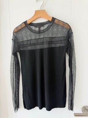 BCBGMaxAzria Black Lace & Mesh Crewneck Top